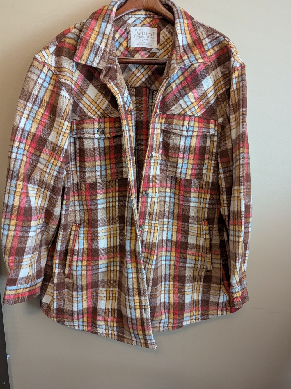 Natural Reflections Brown Plaid Utility Shacket with Pink, Yellow & Blue Accents